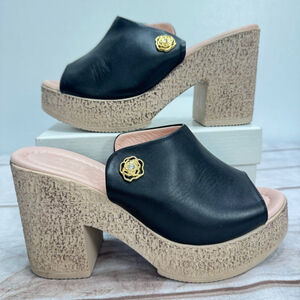 Bonavi Atica Love Black Leather Open Toe Platform Clogs Gold Flower & Rhinestone